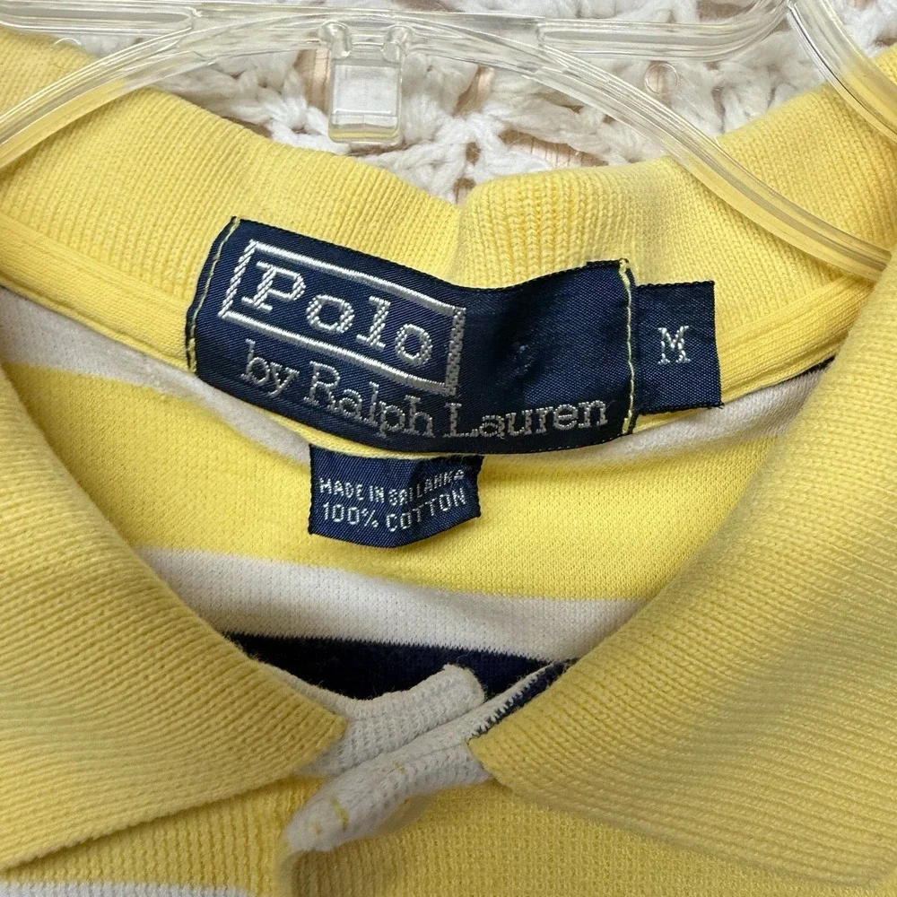 Polo Ralph Lauren Shirt Men M Yellow White Stripe Blue Pony Polo Collar Vtg